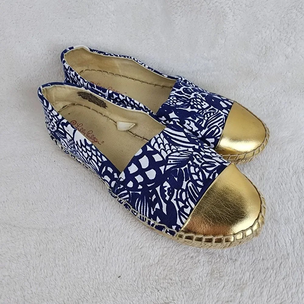 Lily Pulitzer Womens Blue White Floral Canvas Gold Toe Espadrill Slip On Flats 6